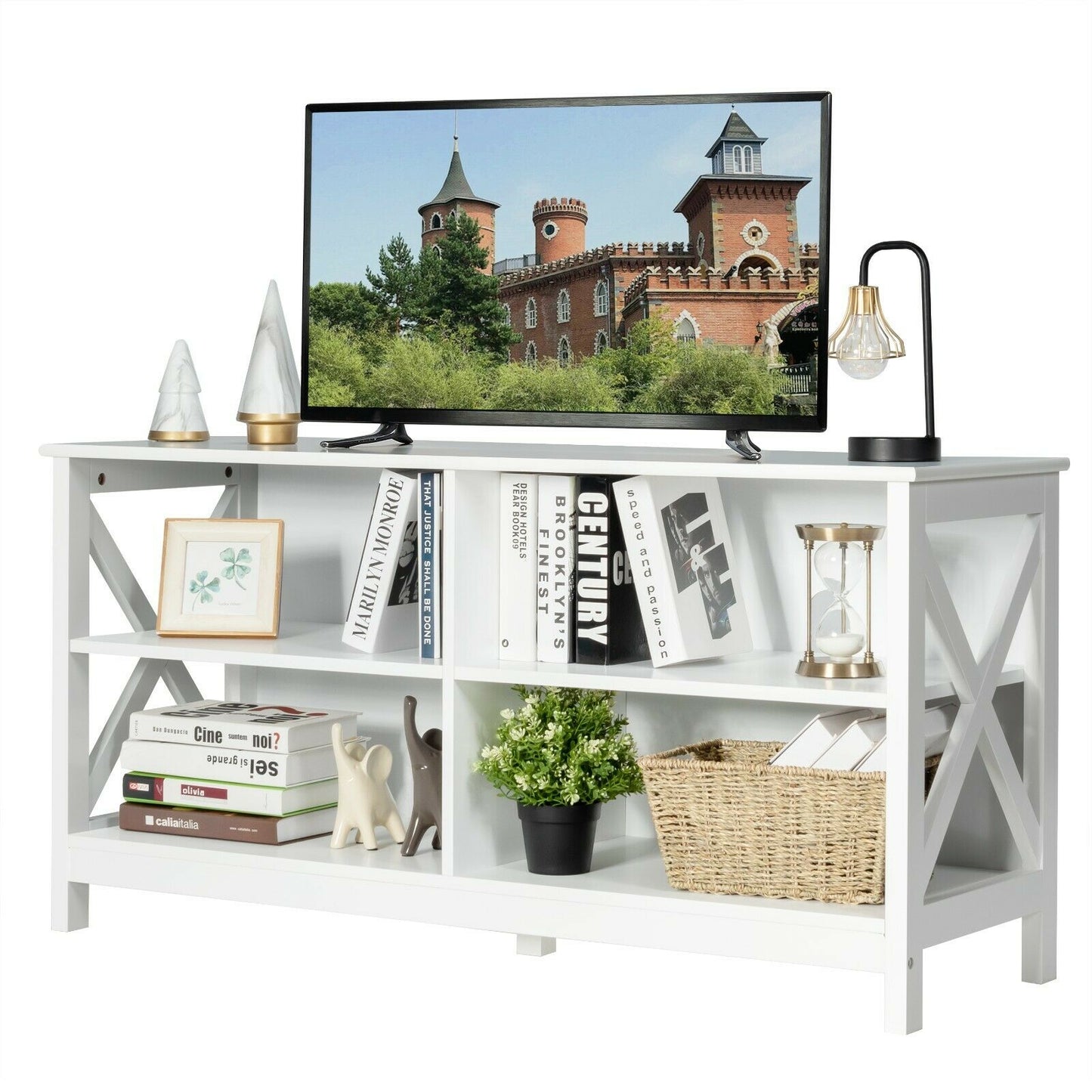 Wooden TV Stand Table with 3-Tier Shelf-White