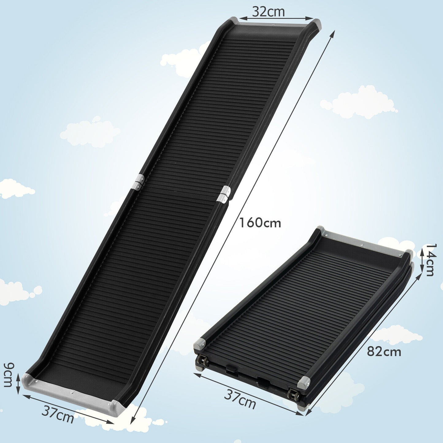 160CM Foldable Pet Travel Ramp Stairs with Raised Sides and Non-slip Surface-Black