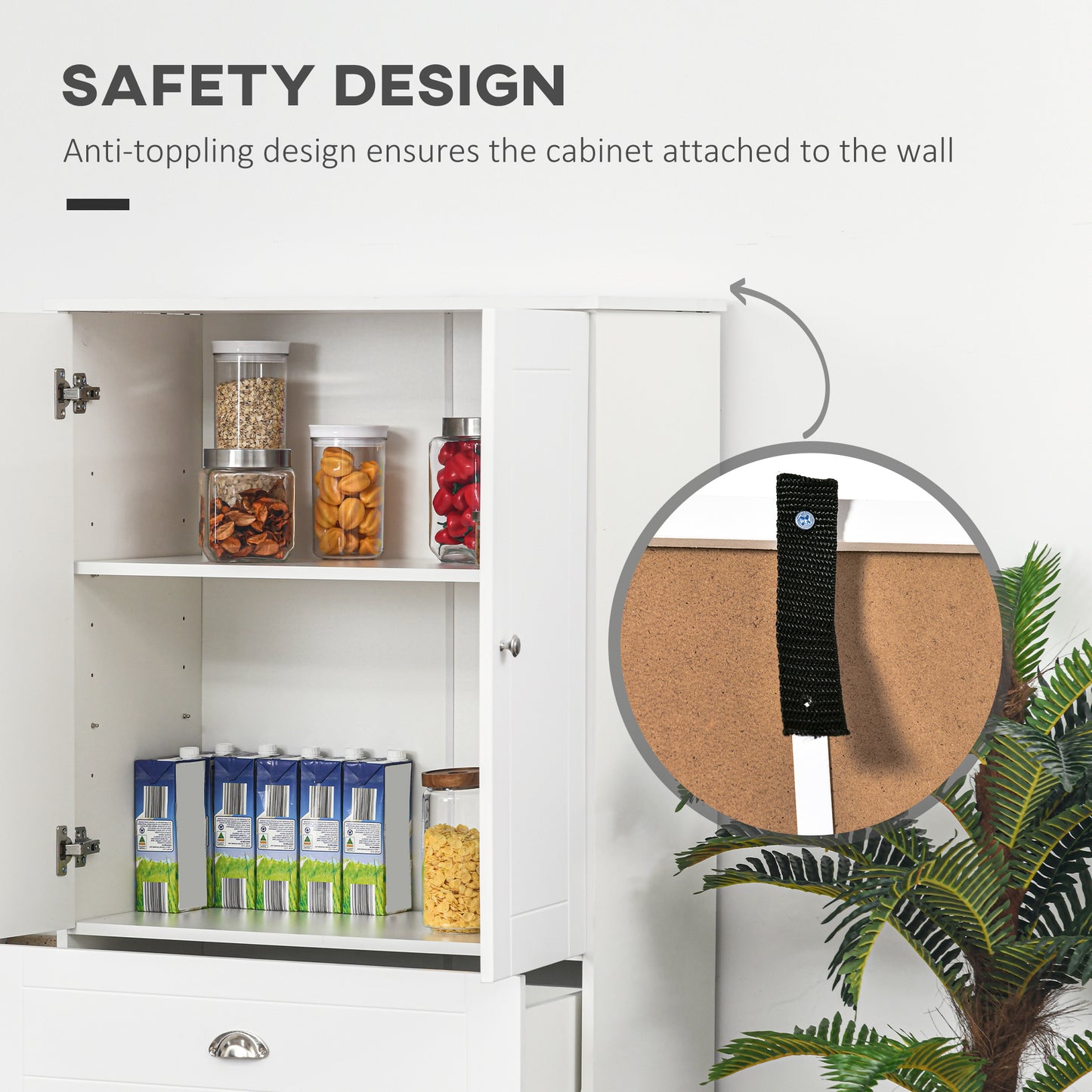 HOMCOM Freestanding Tall Kitchen Cupboard Storage Cabinets with Drawer and 3 Adjustable Shelves for Dining Room, Living Room, White