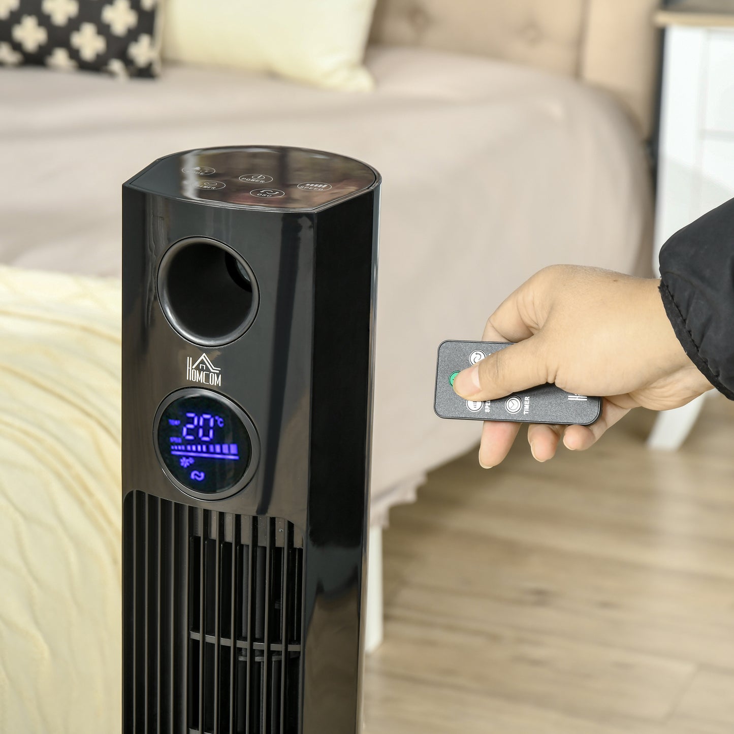 HOMCOM 38" Electric Fan Fan Cooling with Aroma Function, Oscillating, 12h Timer, LED Sensor Panel, Remote Controller, Black