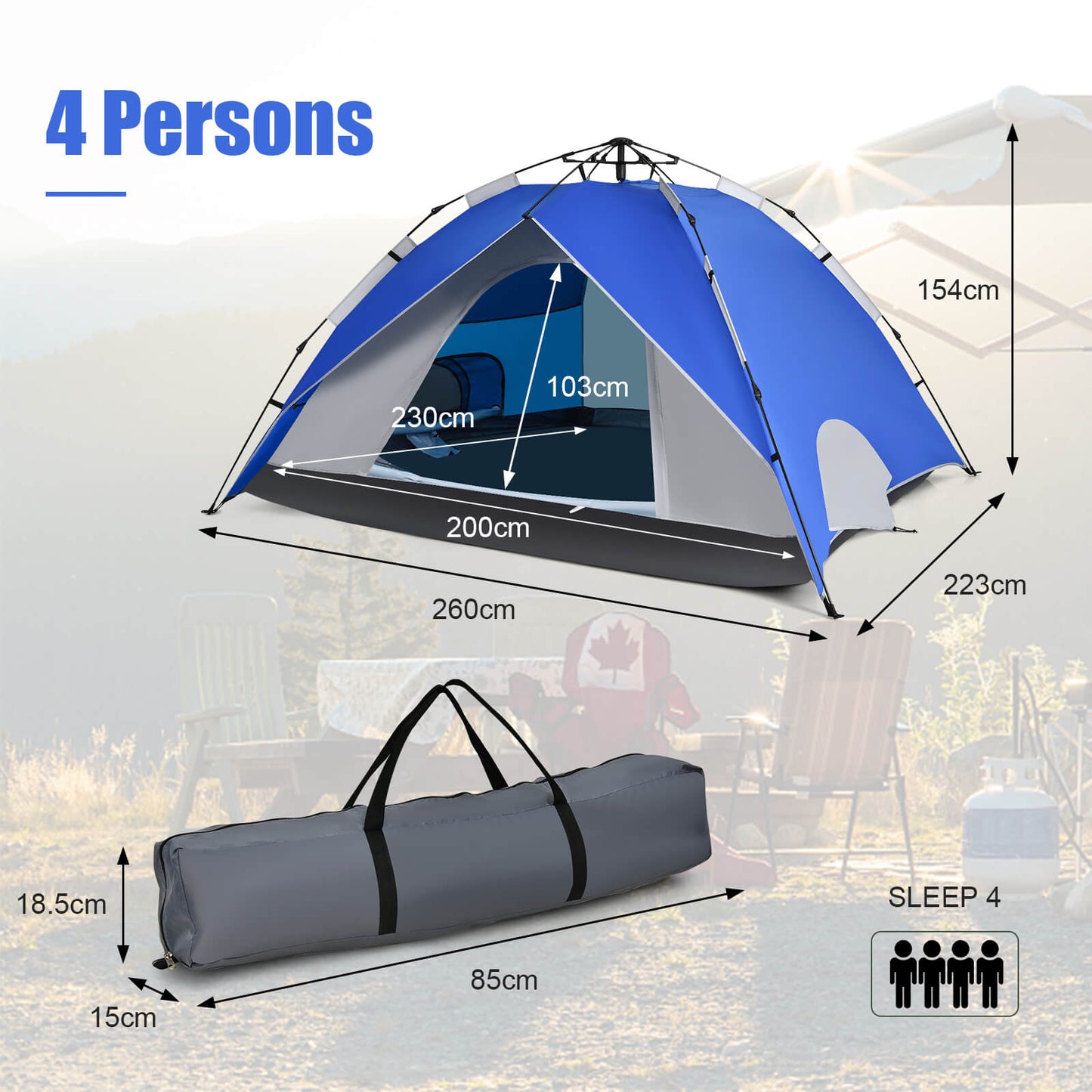 Instant Pop-Up Camping Tent for 4 Person with Carry Bag-Blue