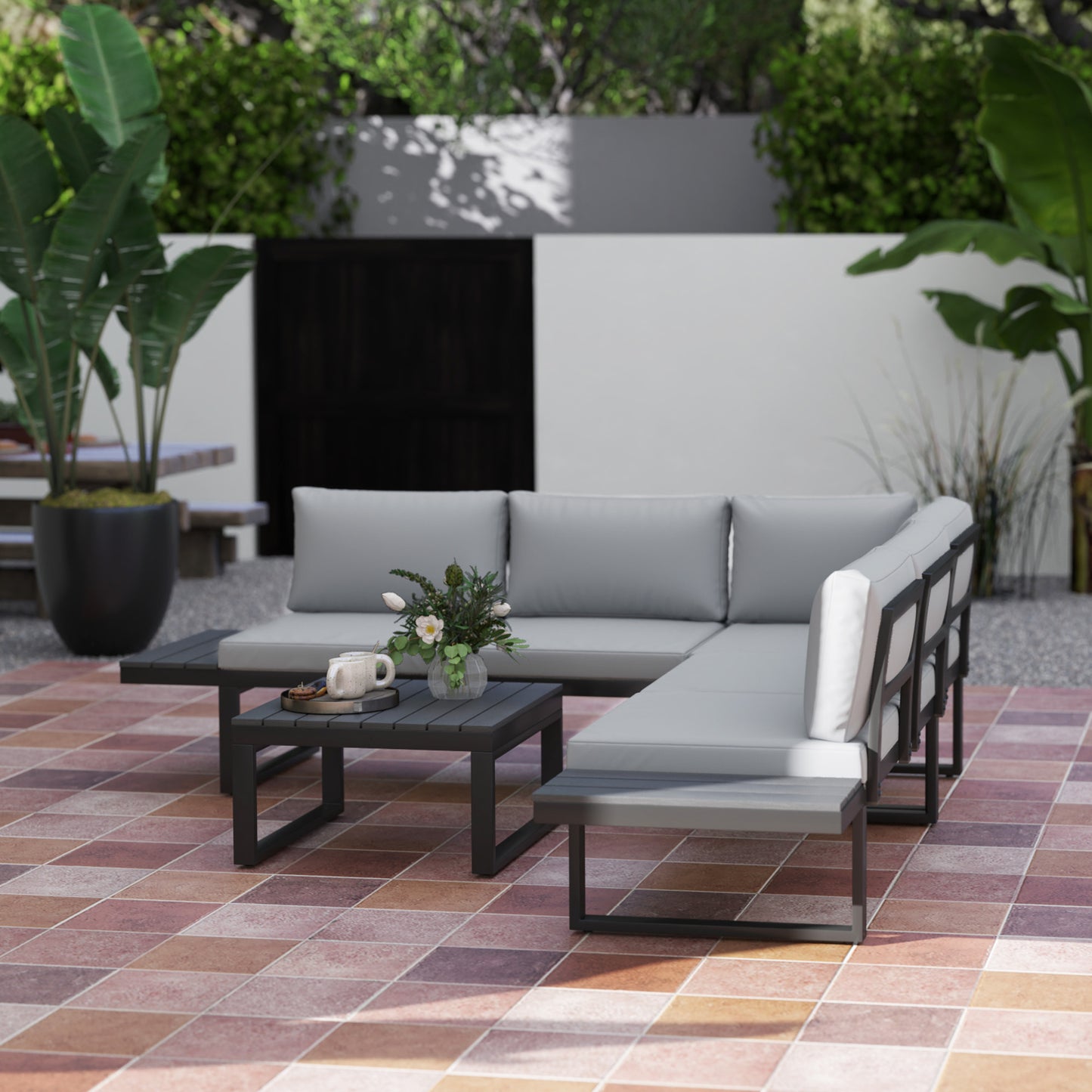 Outsunny 4 Pieces Garden Furniture Set, 5-Level Reclining Garden Corner Sofa Set, Outdoor Lounge Conversation Sectional with Cushions, Wood Effect Plastic Table, Black Frame & Light Grey Cushion