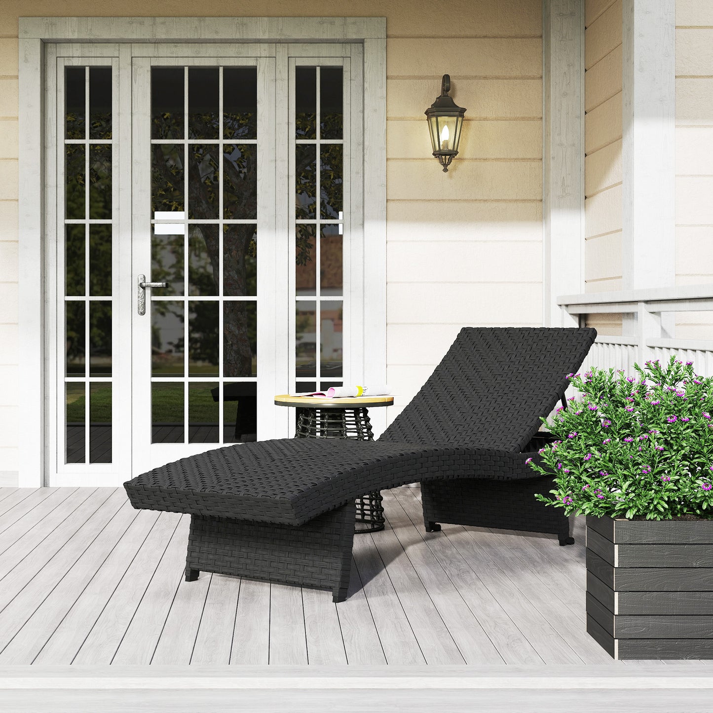 Outsunny Outdoor PE Rattan Sun Lounger, Folding Wicker Garden Lounger Recliner with 4-Level Adjustable Backrest, Rolling Sunbed Lounge Chair with Wheels, Non-Slip Legs for Balcony, Beach, Black