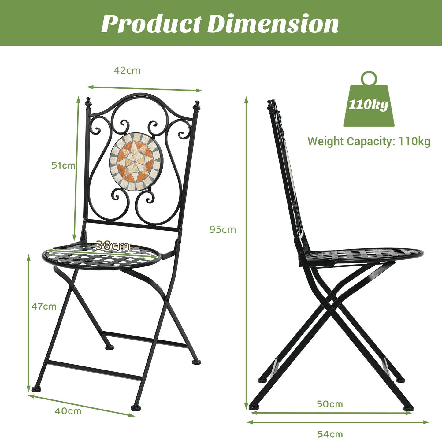 2 Pieces Folding Mosaic Dining Chair Set with Backrest