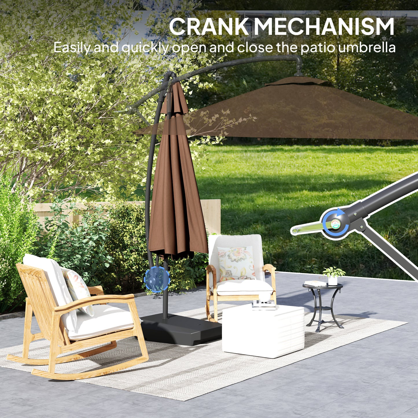 Outsunny 3(m) Garden Cantilever Parasol with Fillable Base up to 90kg, Wind Protection Strap, Cover, Round Banana Hanging Umbrella with Crank Handle and Tilt, UPF50+ Patio Umbrella, Brown