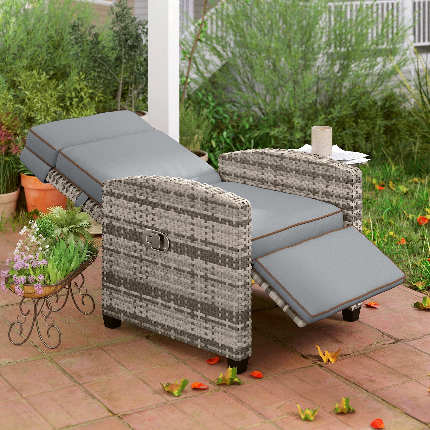 Outsunny 145° Reclining Rattan Armchair, with Footrest - Mixed Grey/Grey