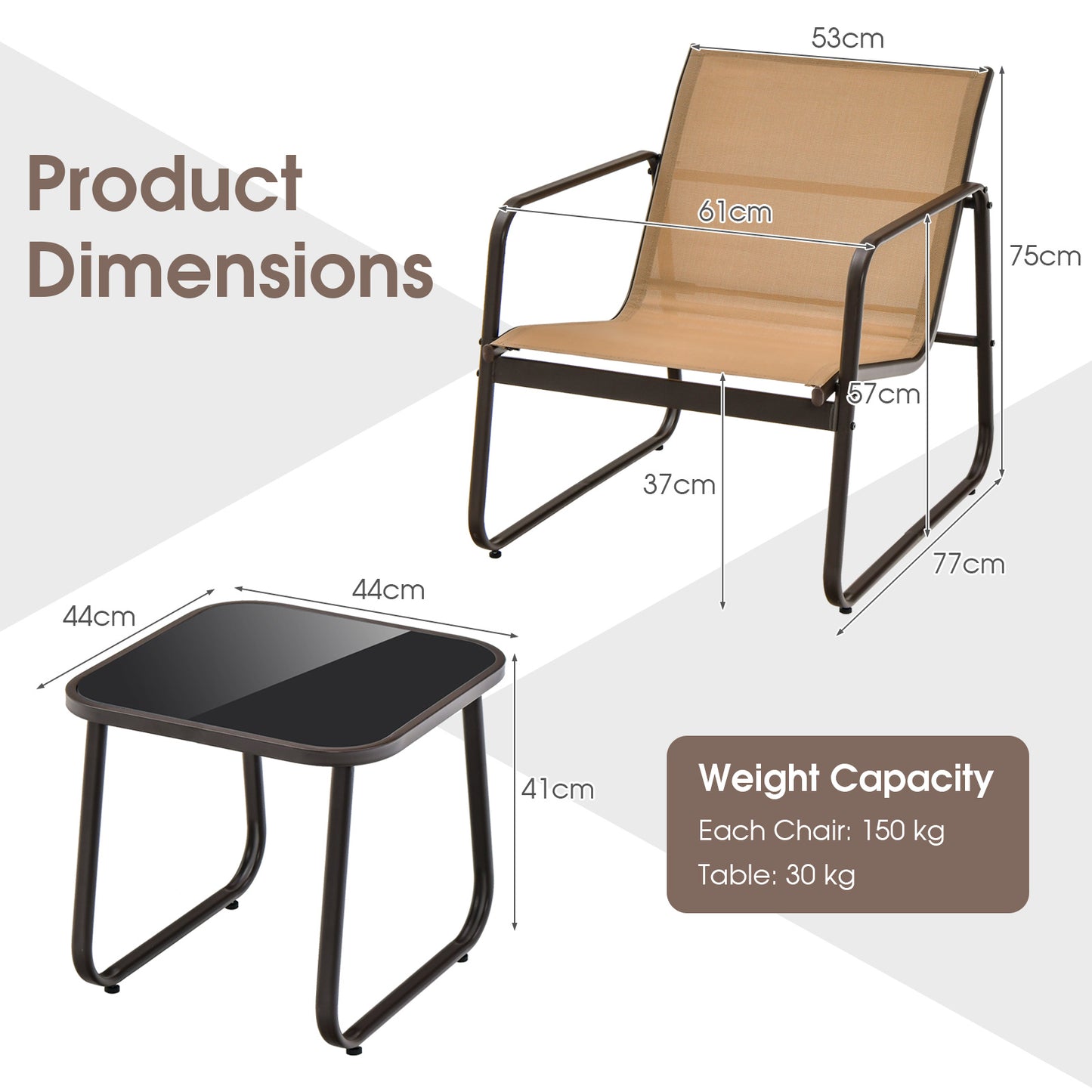 3 Pieces Patio Conversation Set with Breathable Fabric and Tempered Glass Tabletop-Brown