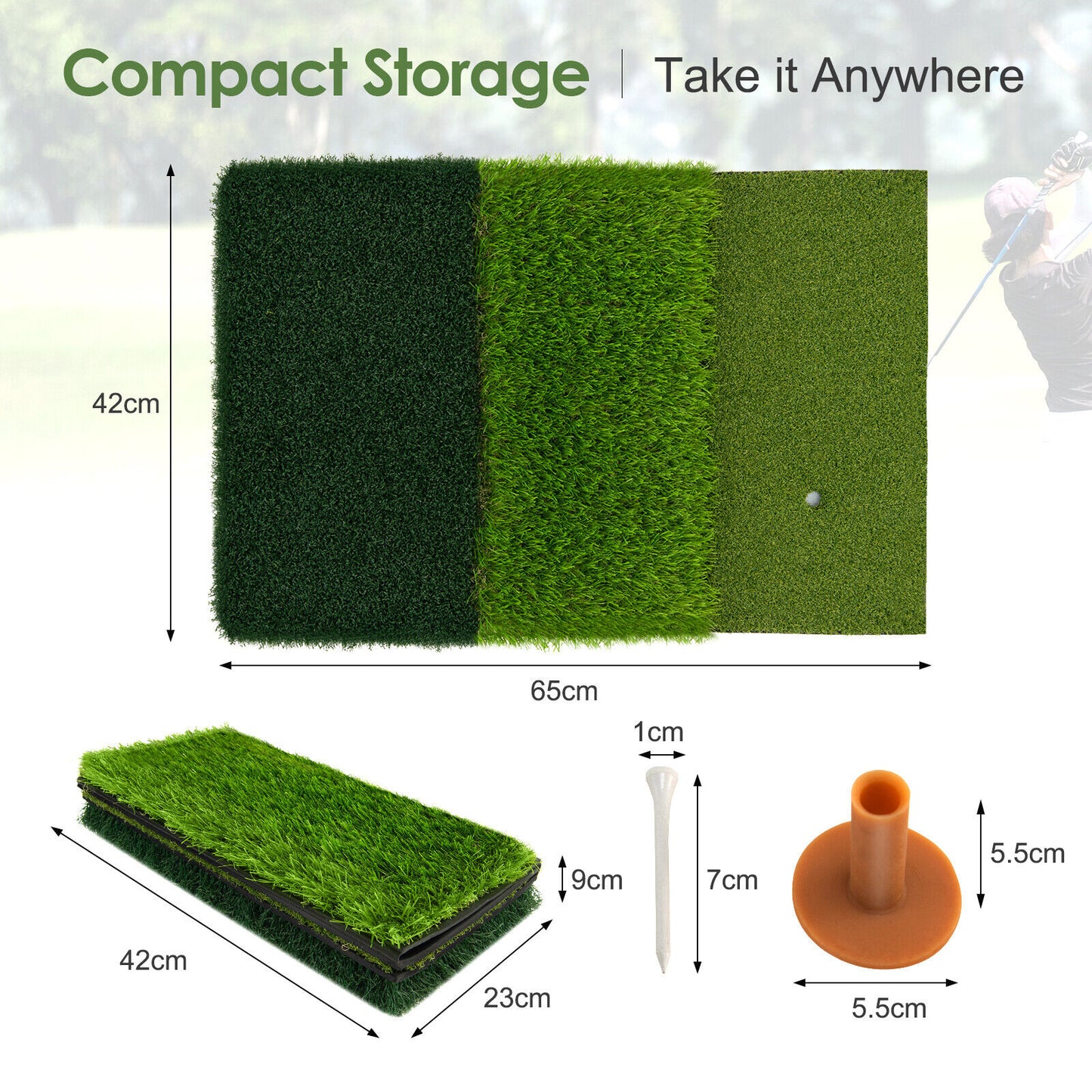 3-in-1 Golf Hitting Mat with Realistic Synthetic Turf and 2 Tee Holder