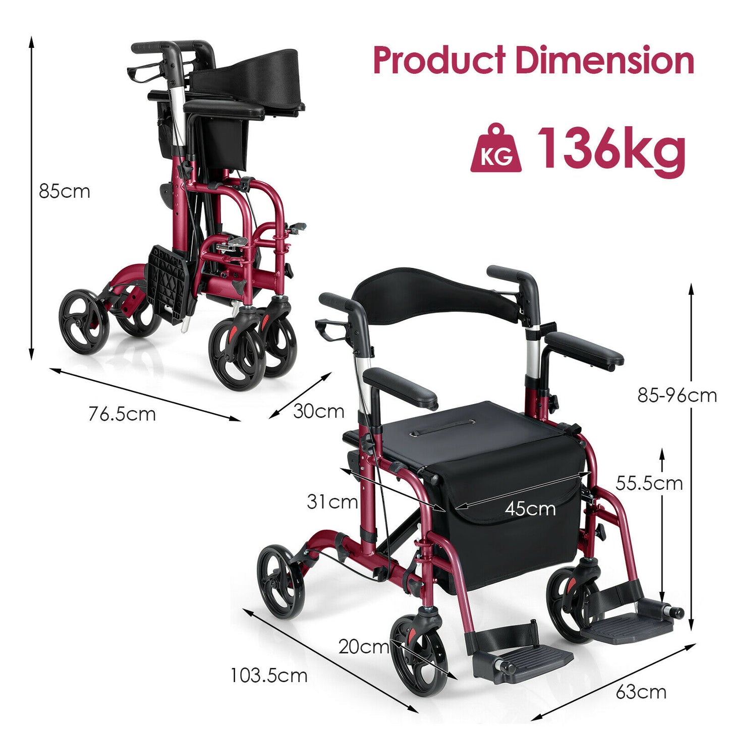 2-In-1 Rollator Walker with Reversible Backrest and Height-Adjustable Handle-Red