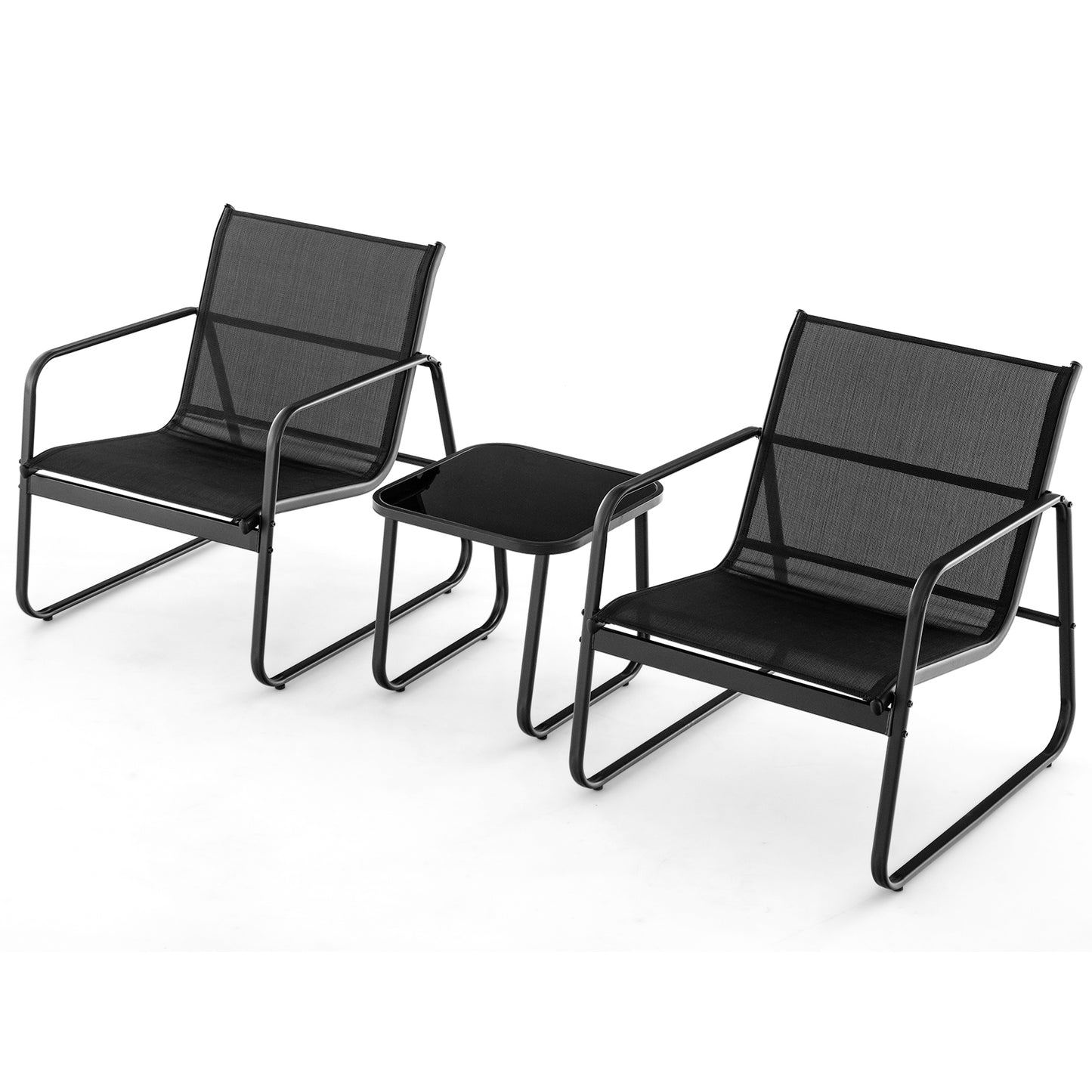 3 Pieces Patio Conversation Set with Breathable Fabric and Tempered Glass Tabletop-Black
