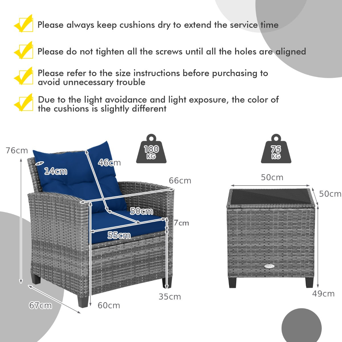 3 Piece Patio Rattan Sofa Set with Solid Tempered Glass Tabletop and Heavy-Duty Steel Frame-Navy