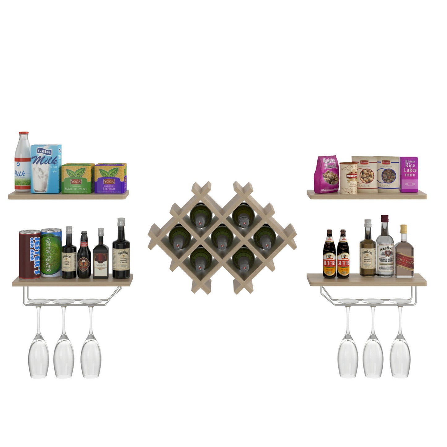 Floating Wall Mounted Wine Rack with Four Separate Shelves, 2 with Glass Storage-Natural