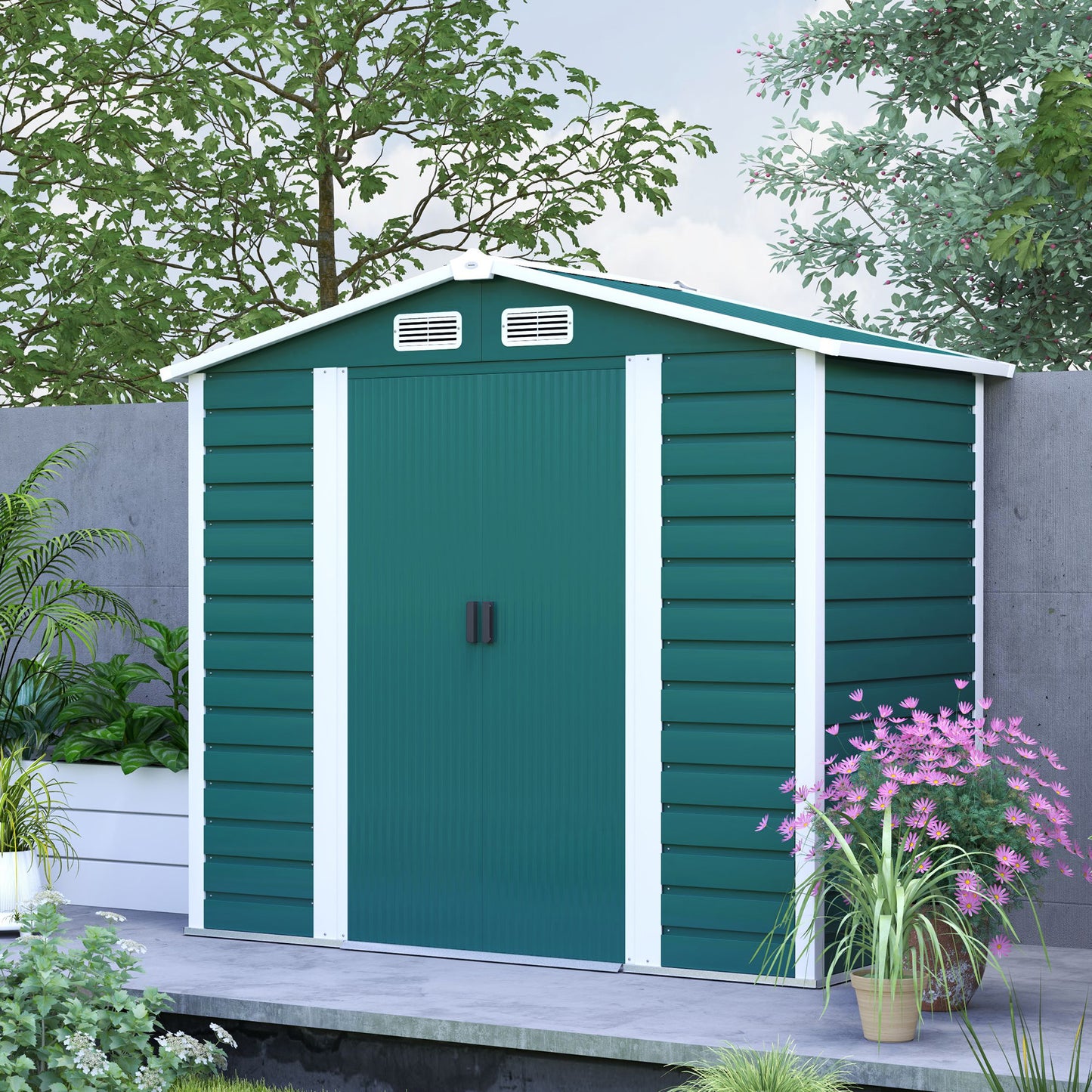 Outsunny 7 x 4ft Garden Shed, Easy to Assemble, Upgraded Galvanised Steel Frame with Foundation Kit, Double Doors with Lock, Outdoor Metal Shed with Vents and Gloves, Garden Storage Shed, Green