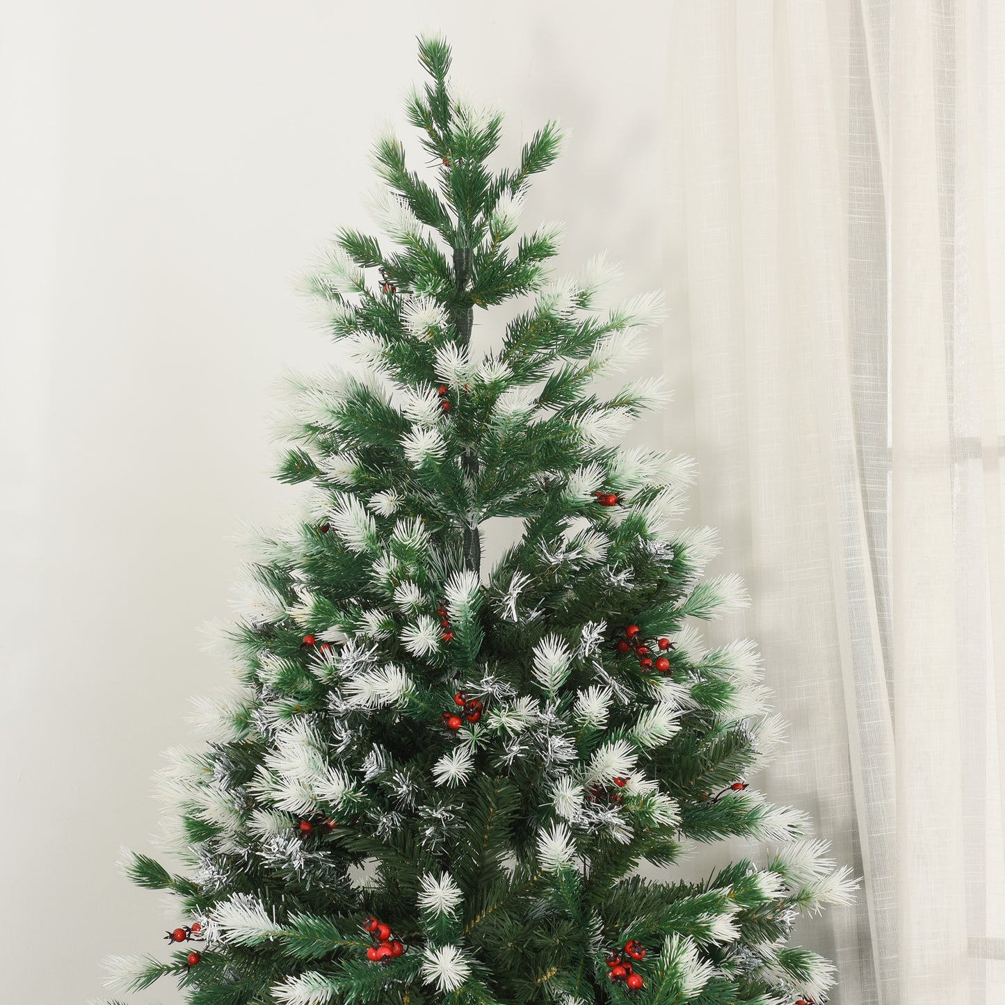HOMCOM 6ft Artificial Snow-Flocked Pine Tree Holiday Home Christmas Decoration with Red Berries, Automatic Open - Green