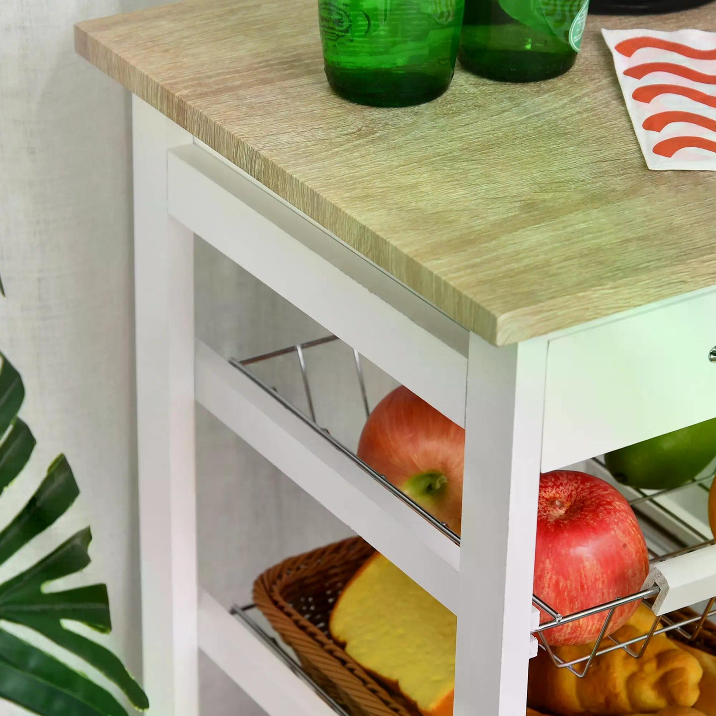 HOMCOM Mobile Rolling Kitchen Island Trolley for Living room, Serving Cart with Drawer & Basket, White