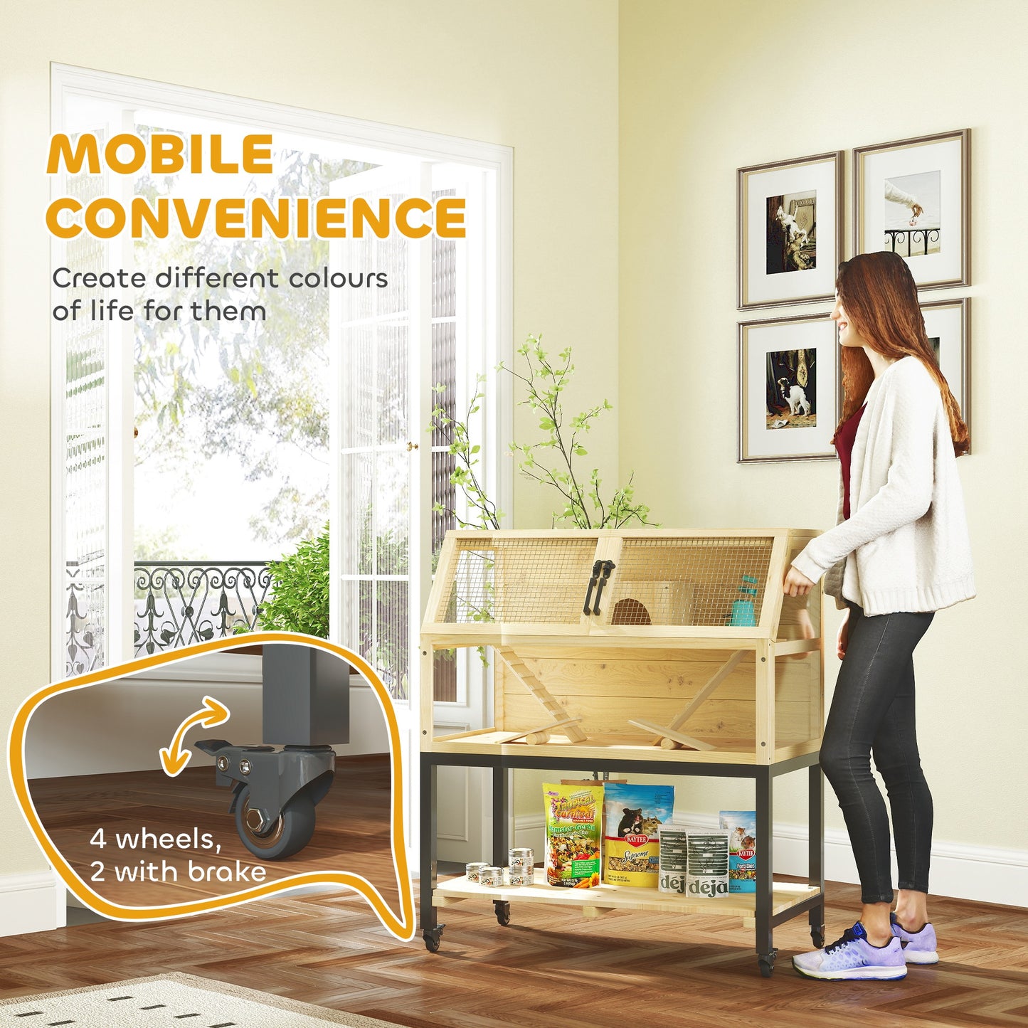 PawHut Wooden Hamster Cage with Storage Shelf, Wheels, Ramps, Water Bottle, Hut, Seesaws