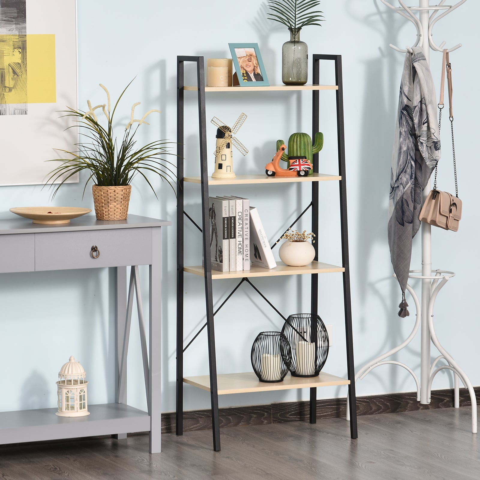 HOMCOM 4-Tier Vintage Ladder Shelf Bookcase Wood Storage Rack Stand Pl ...
