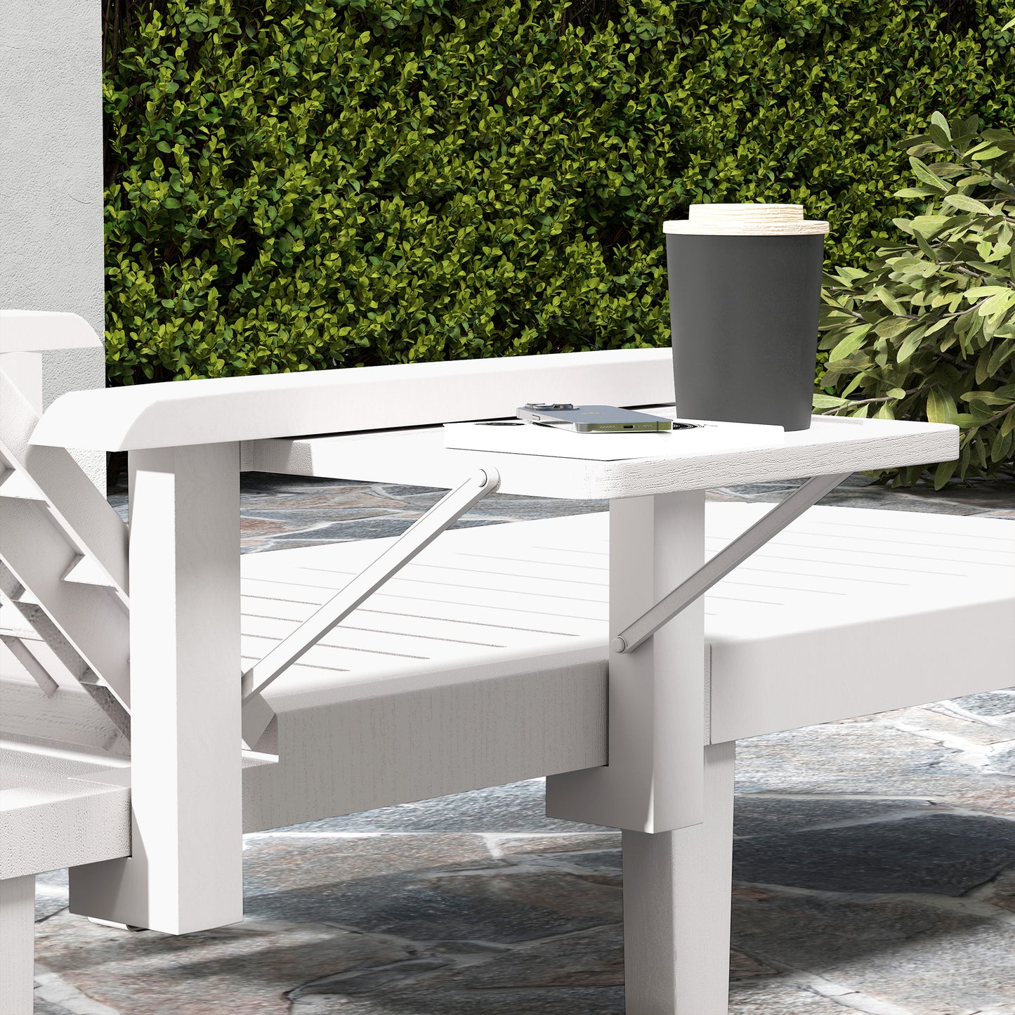 Outsunny Set of 2 Resin Reclining Sun Loungers for Garden, 5 Positions Adjustable Outdoor Chaise Lounge Chairs with Wood Texture Surface, Armrests, Foldable Side Table for Garden, Beach, White