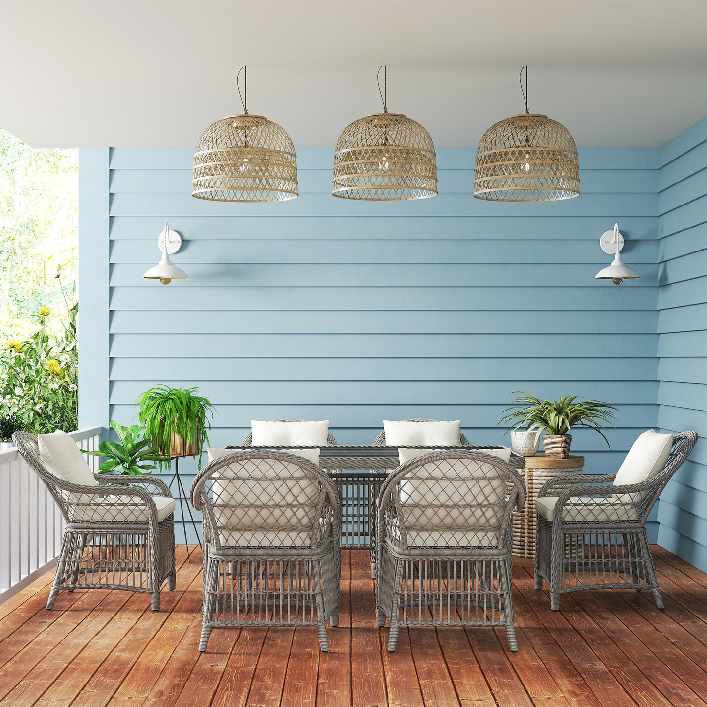 Outsunny Rattan Dining Set with Seat and Back Cushions, 6 Seater Garden Furniture Set with Aluminium Frame, 6 Chairs, WPC Top Rectangle Table, Conservatory Wicker Patio Furniture, Grey