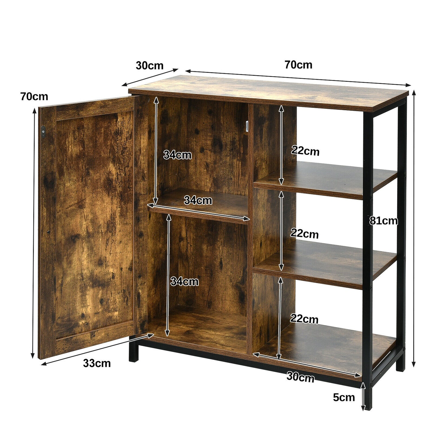 Industrial Styled Freestanding Storage Cupboard with 3 Side Shelves