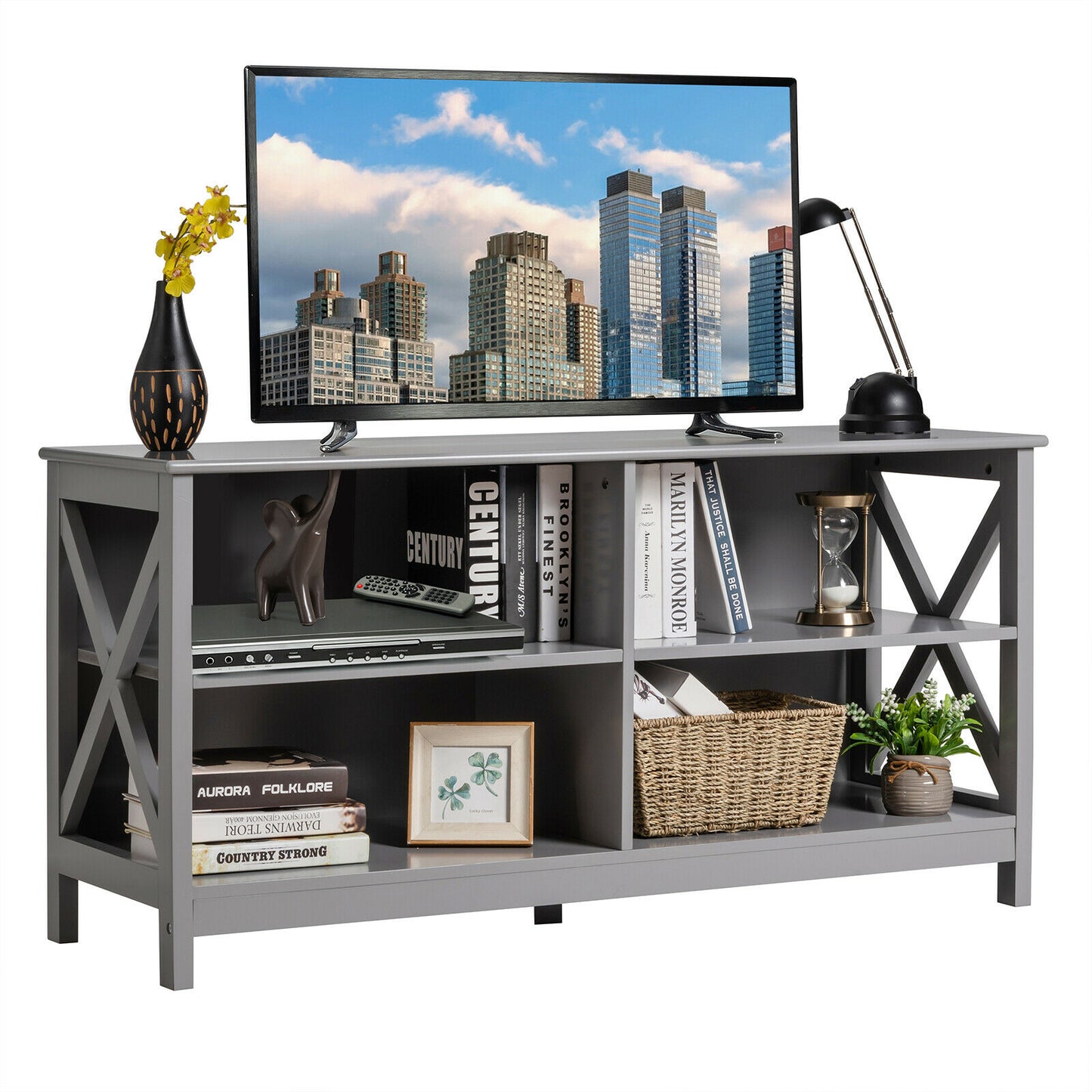 Wooden TV Stand Table with 3-Tier Shelf-Grey