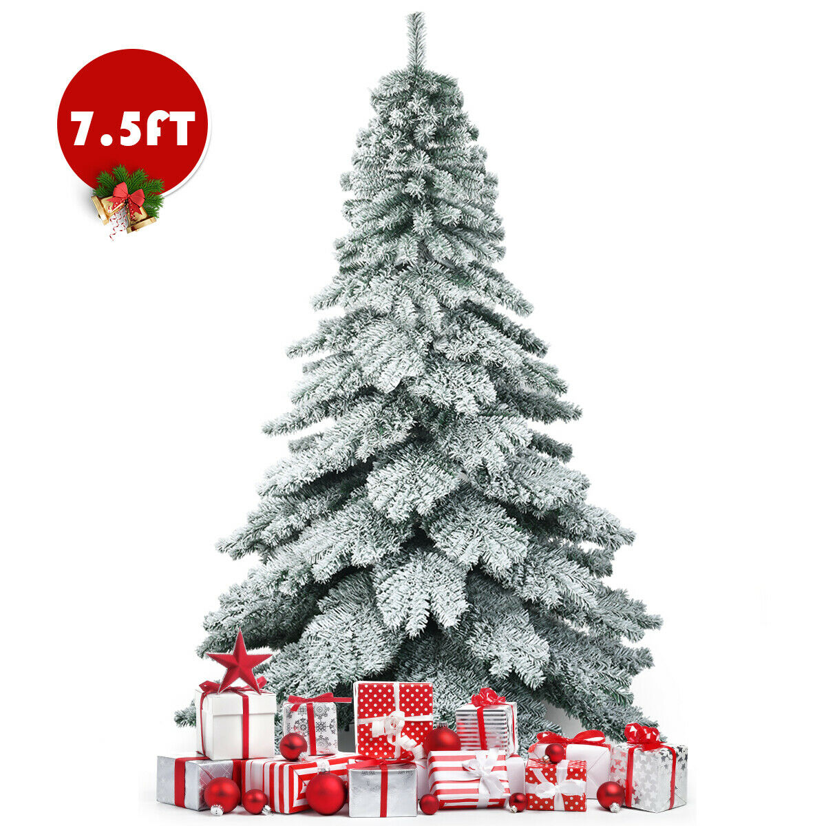 7.5FT Snow Flocked Artificial Christmas Tree Hinged Alaskan Pine Decoration