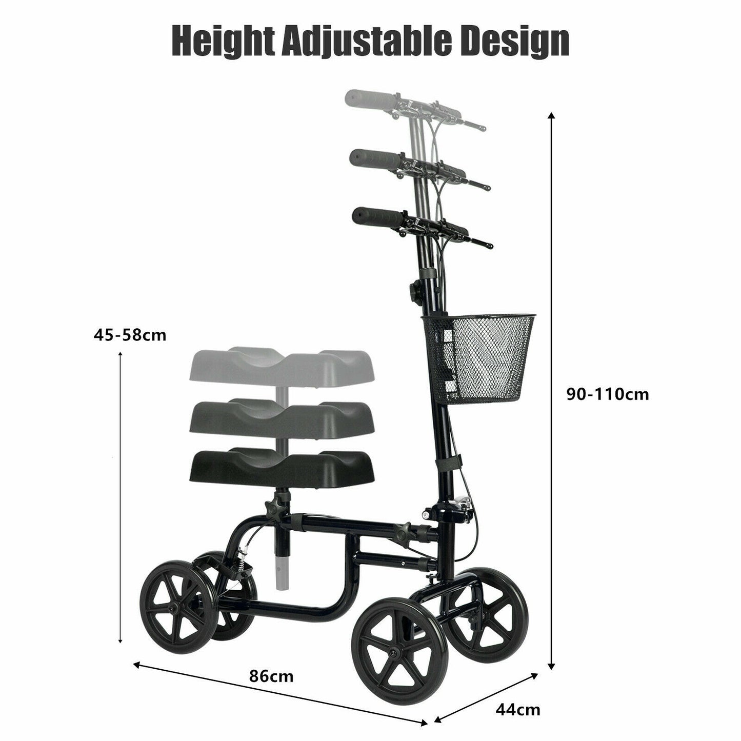 Adjustable Steerable Knee Walker Folding Scooter with Brake-Black