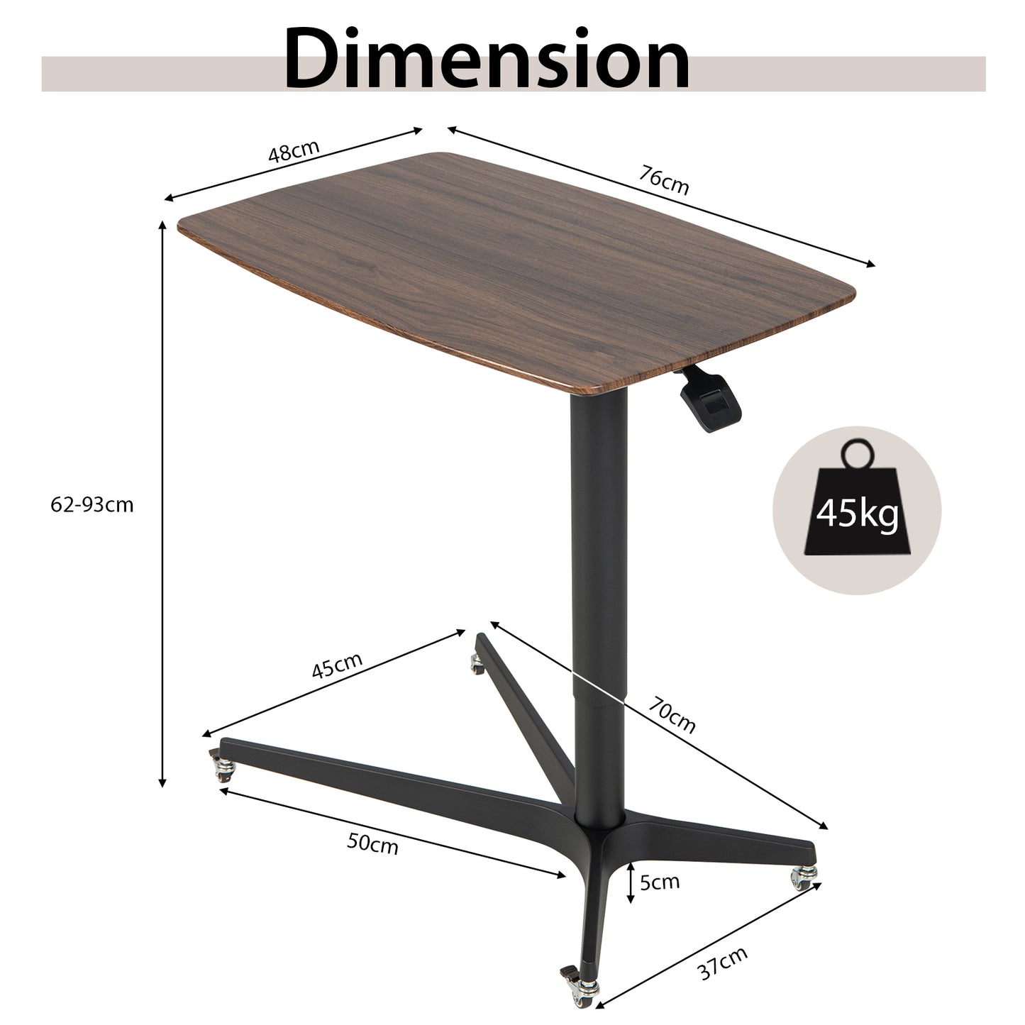 Adjustable Mobile Pneumatic Bedside Table with Lockable Wheels-Brown