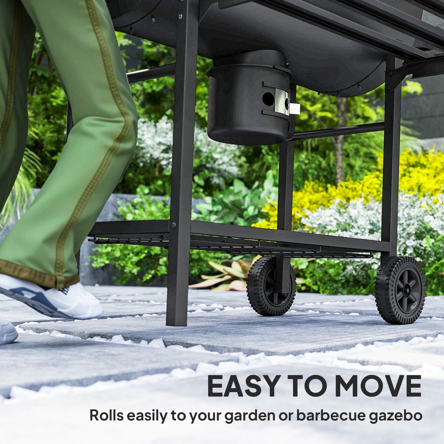 Outsunny Charcoal BBQ Grill with Foldable Front Side Shelf, Portable Barbecue Smoker with Warming Rack, Bottom Shelf, Lid, Temperature Gauge, Wheels for Outdoor Cooking Garden Party, Black