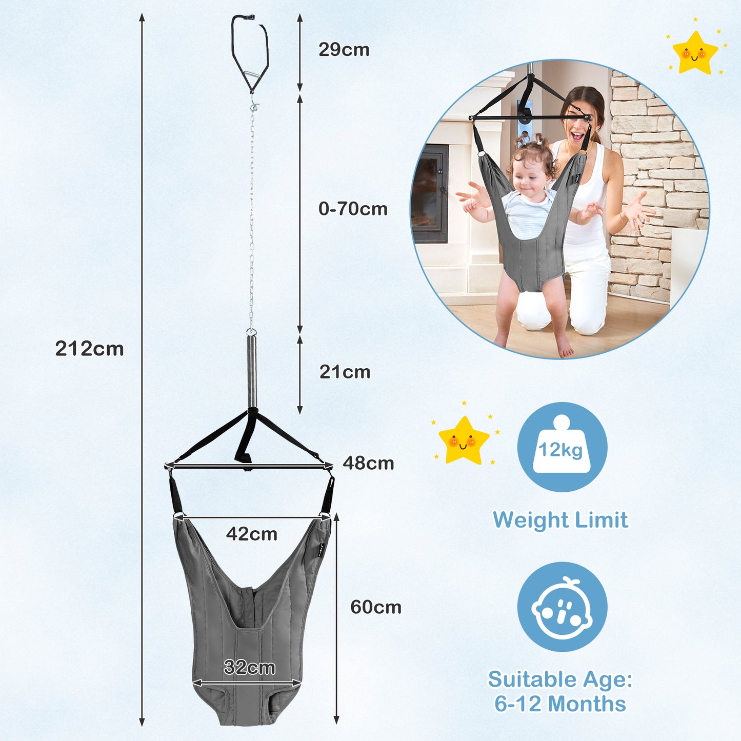 Baby Bouncer Jumper Exerciser with High-Strength Fixing Clamp-Grey