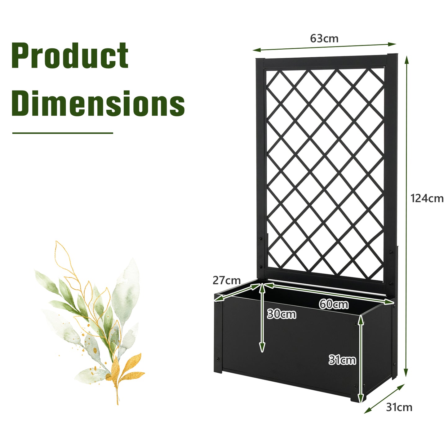124CM Metal Raised Garden Bed with Trellis-Black
