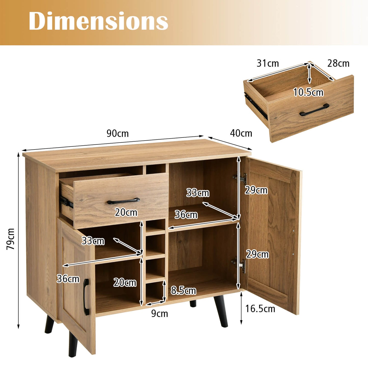 2-Door Buffet Sideboard with 6-Bottle Wine Rack Drawer