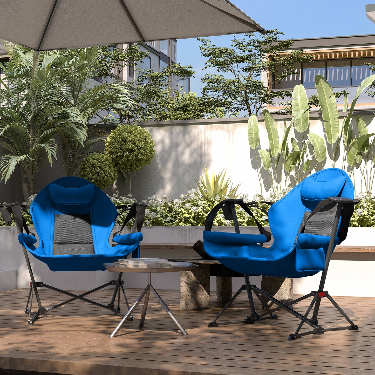 Outsunny Hammock Camping Chair Set of 2, Adjustable Back Swinging Camping Chair Portable Swinging Chair with Cup Holder, Headrest, Padded Seat and Carry Bag for Travel Fishing Hiking, Blue