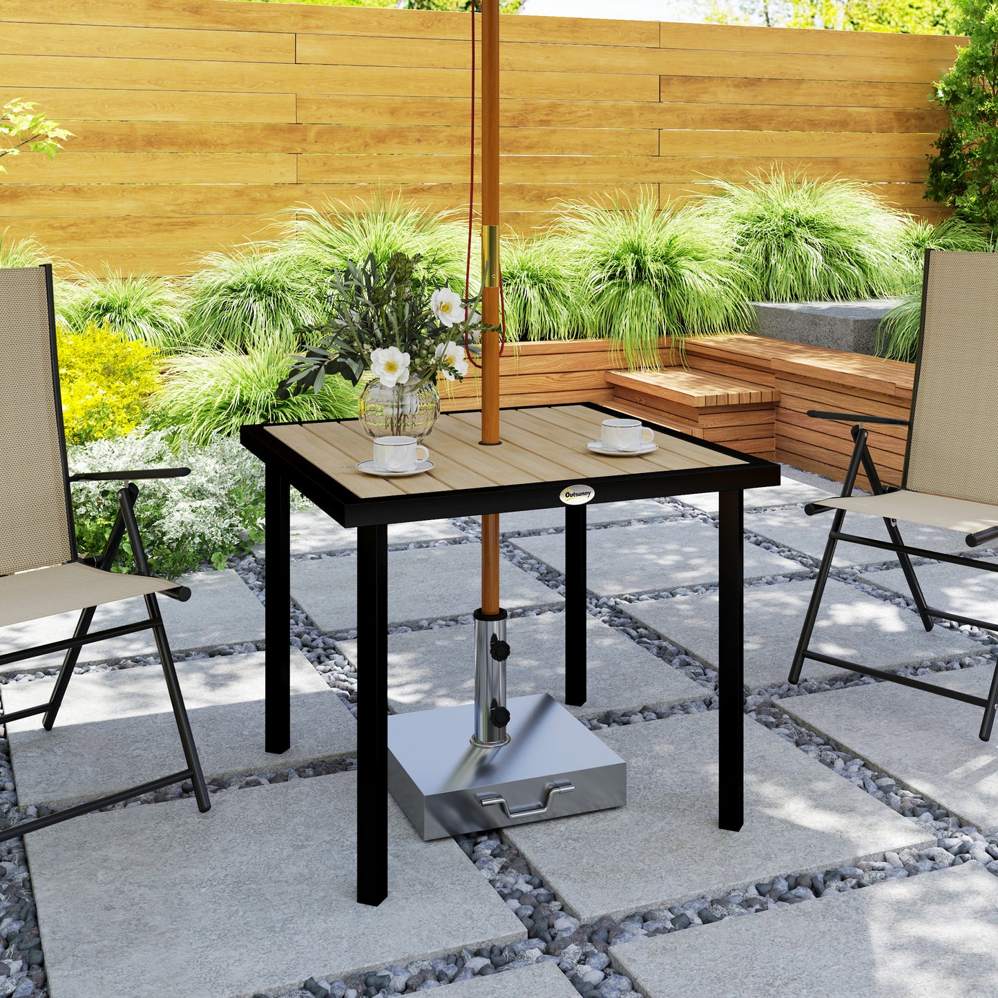Outsunny Square Garden Dining Table with 5.4cm Parasol Hole, Slatted Top, Metal Frame, 86 x 86 x 71cm, Brown