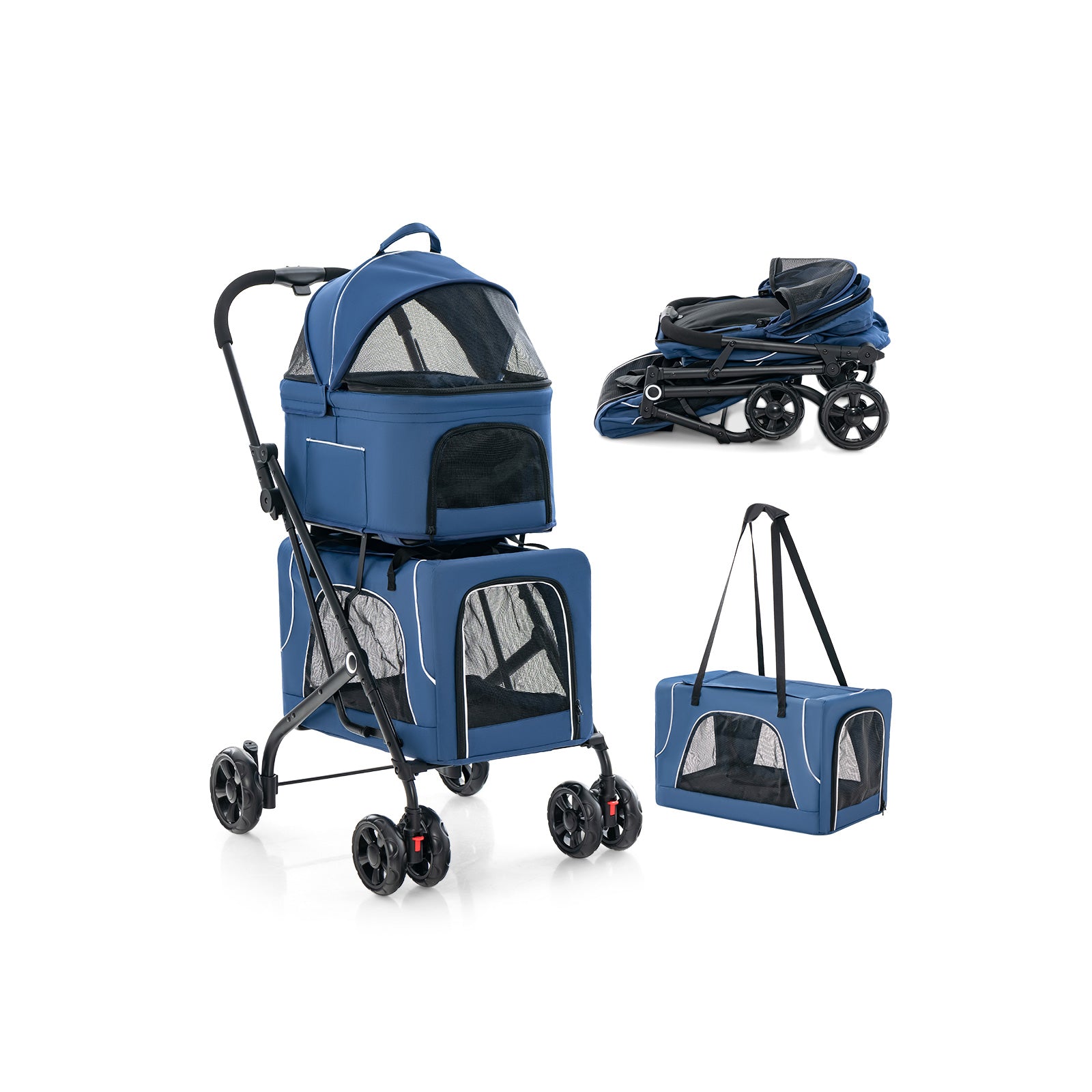 double cat stroller uk Foldable Double Pet Stroller with Detachable Carriers-Blue – GardenArch