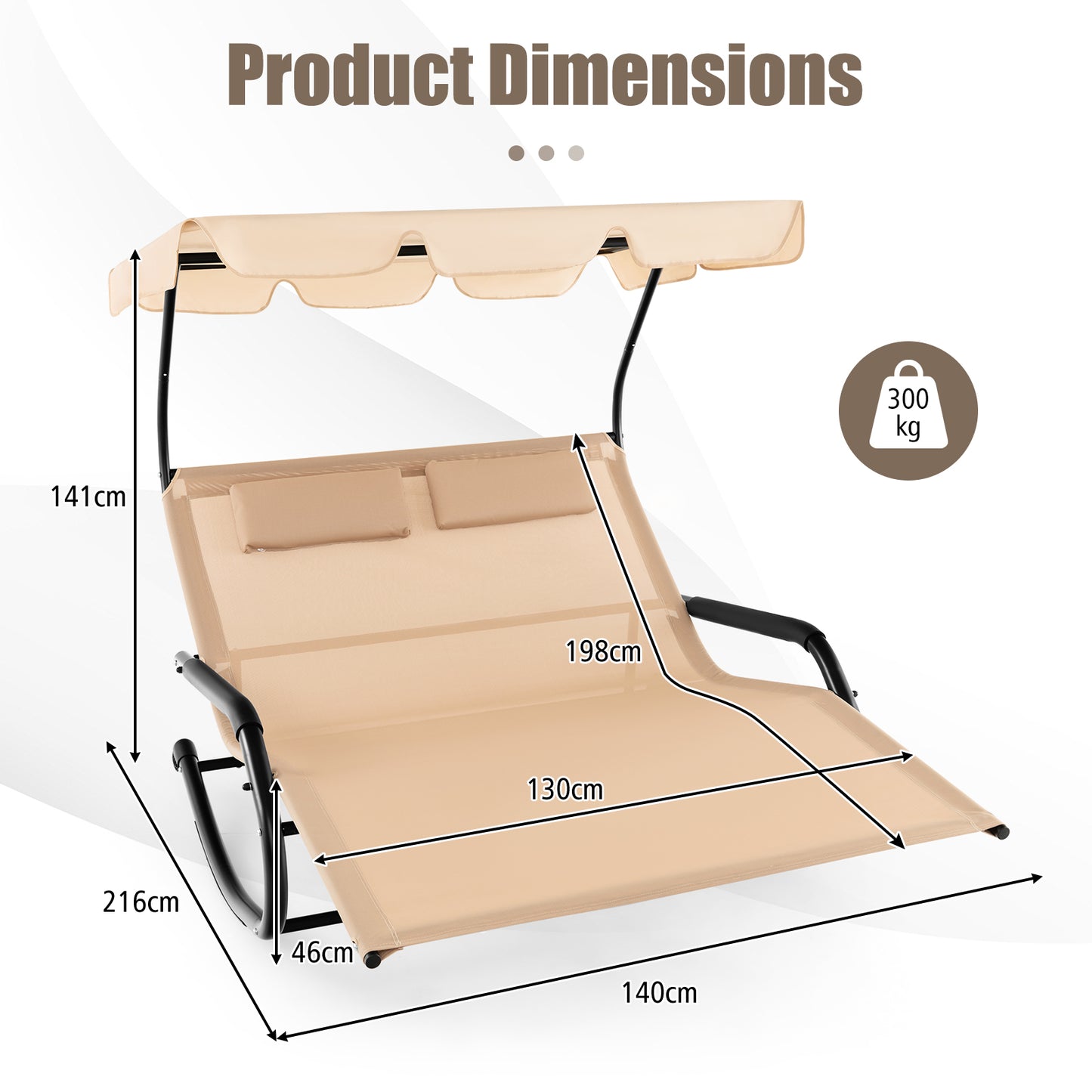Patio 2-Person Rocking Sun Lounger with Sun Shade and Wheels-Beige