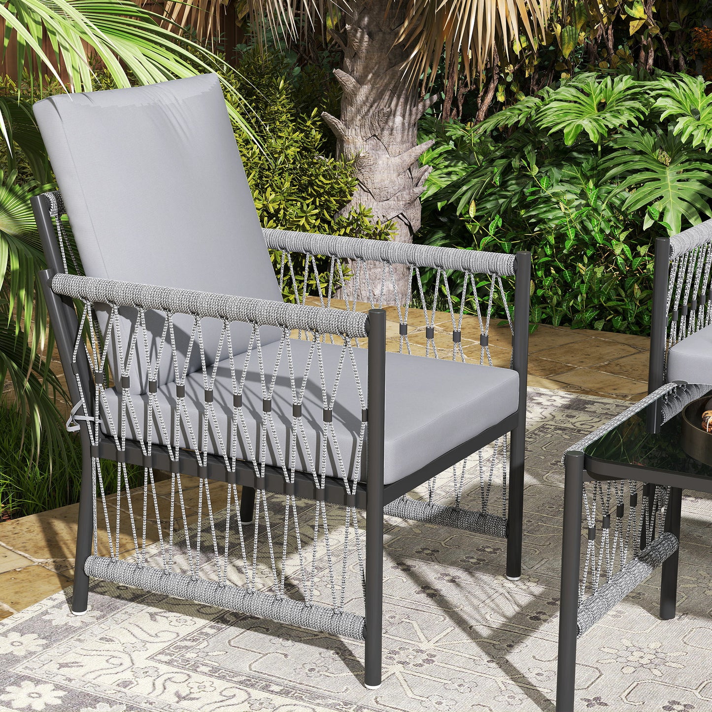 Outsunny 4 Piece Rattan Garden Furniture Set, 4 Seater Wicker Patio Conversation Set with 2 Armchairs, Loveseat, Glass Top Coffee Table and Cushions for Outdoor, Balcony, Grey