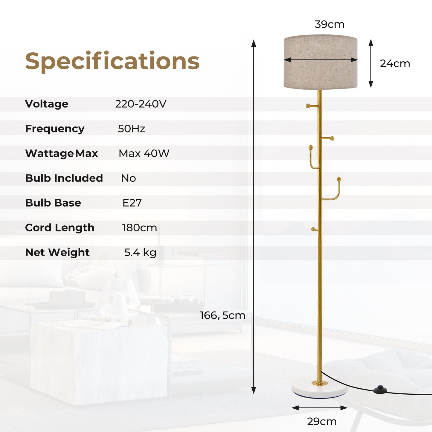 Freestanding Floor Lamp with Coat Rack and Foot Switch