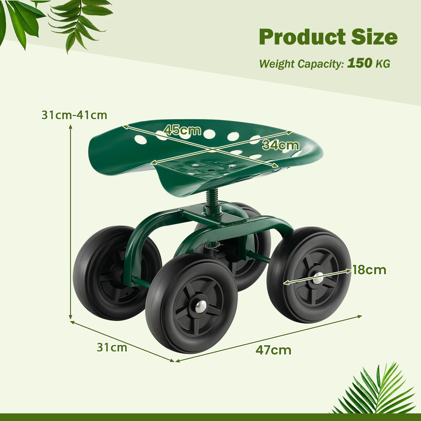 Rolling Garden Workseat with 360°Swivel Seat and Adjustable Height-Green