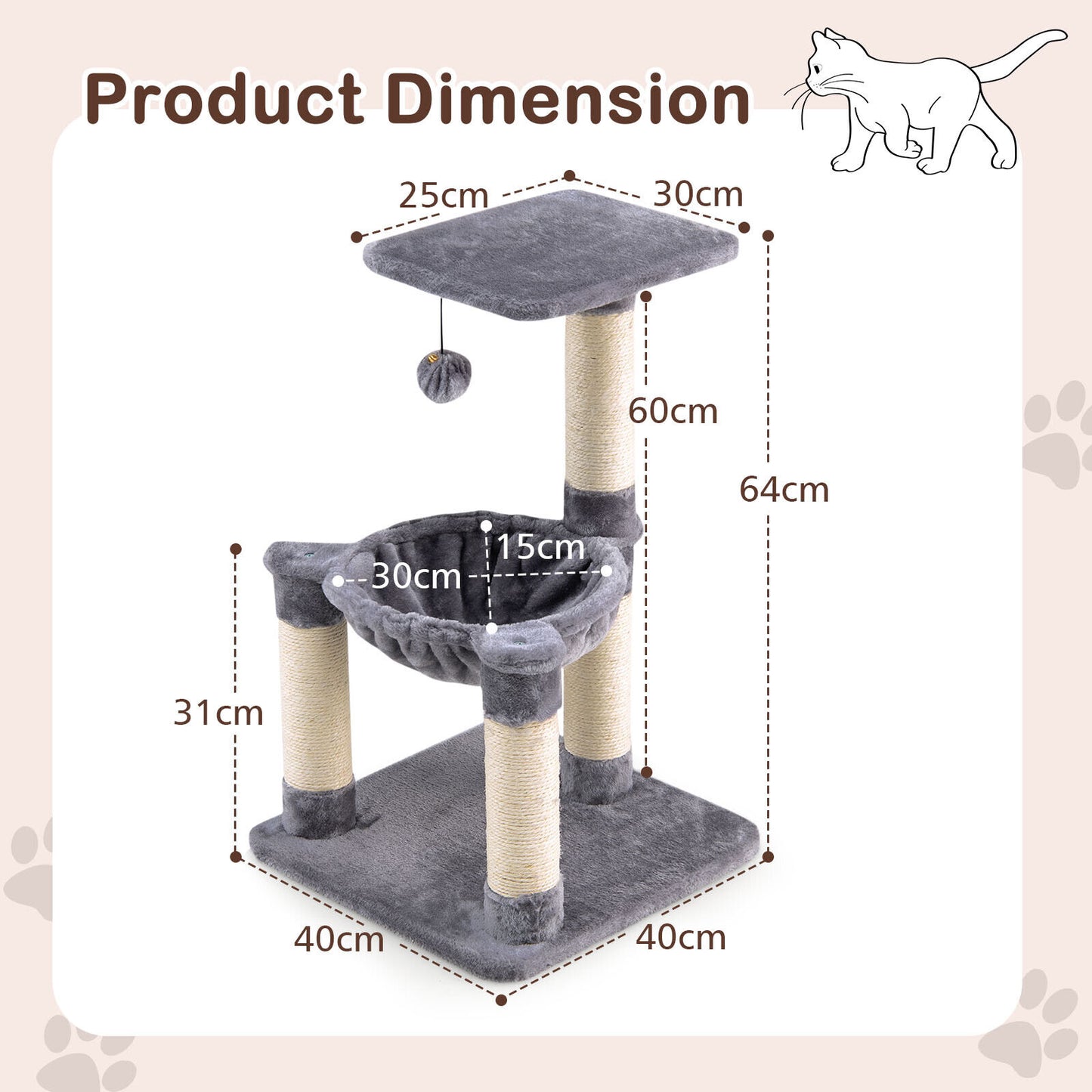Multi-level Cat Activity Tree with Top Perch and Scratching Posts-Grey