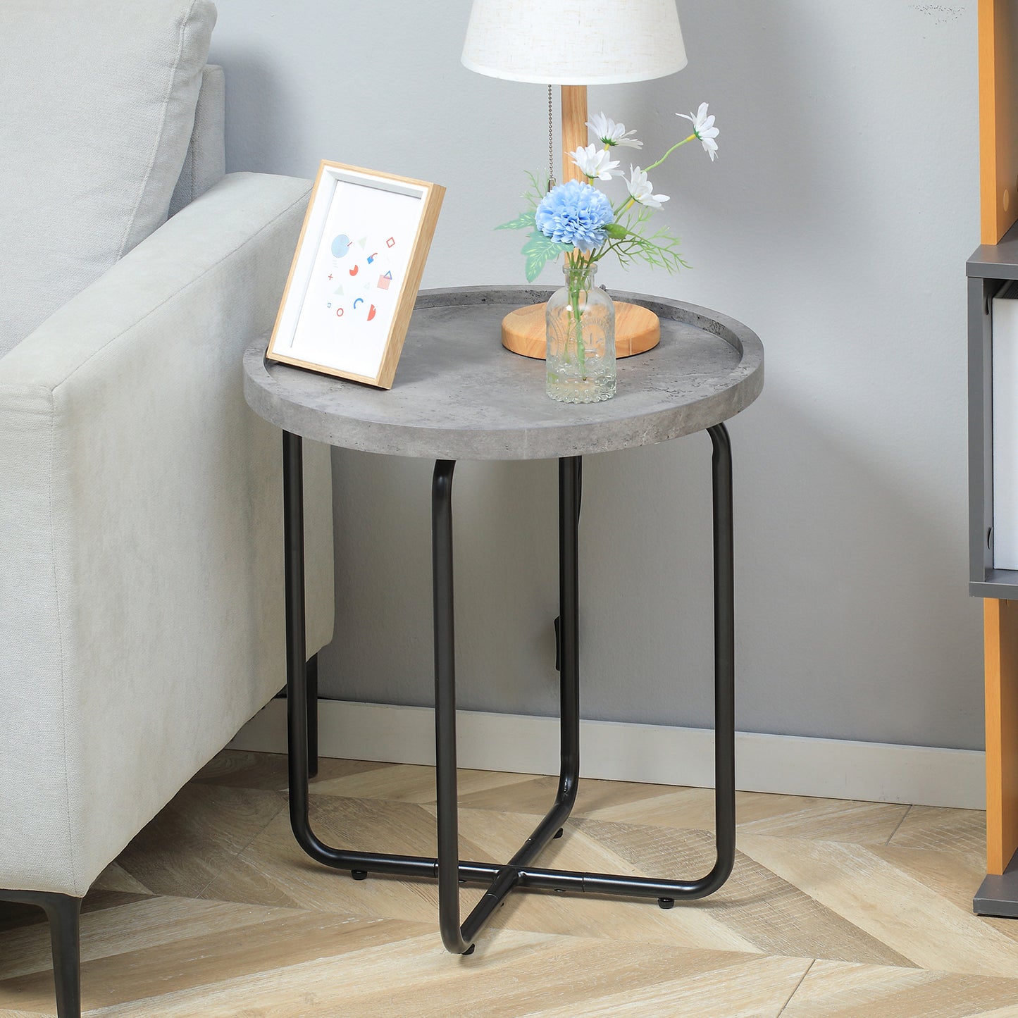 HOMCOM Round End Table, Modern Accent Side Table with Cement Effect Tabletop and Metal Frame for Living Room