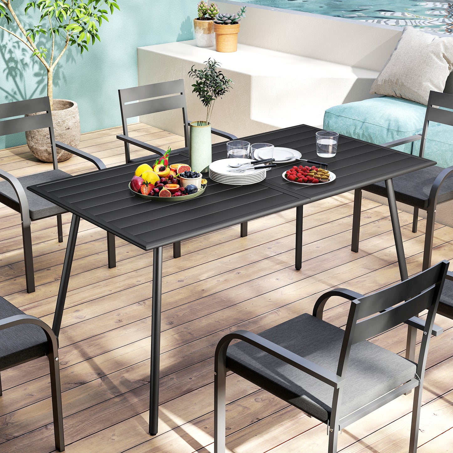 Outsunny Rectangle Garden Table with Slat Top, Steel Frame, Outdoor Table for 6 Person, 150 x 80 x 74 cm, Black