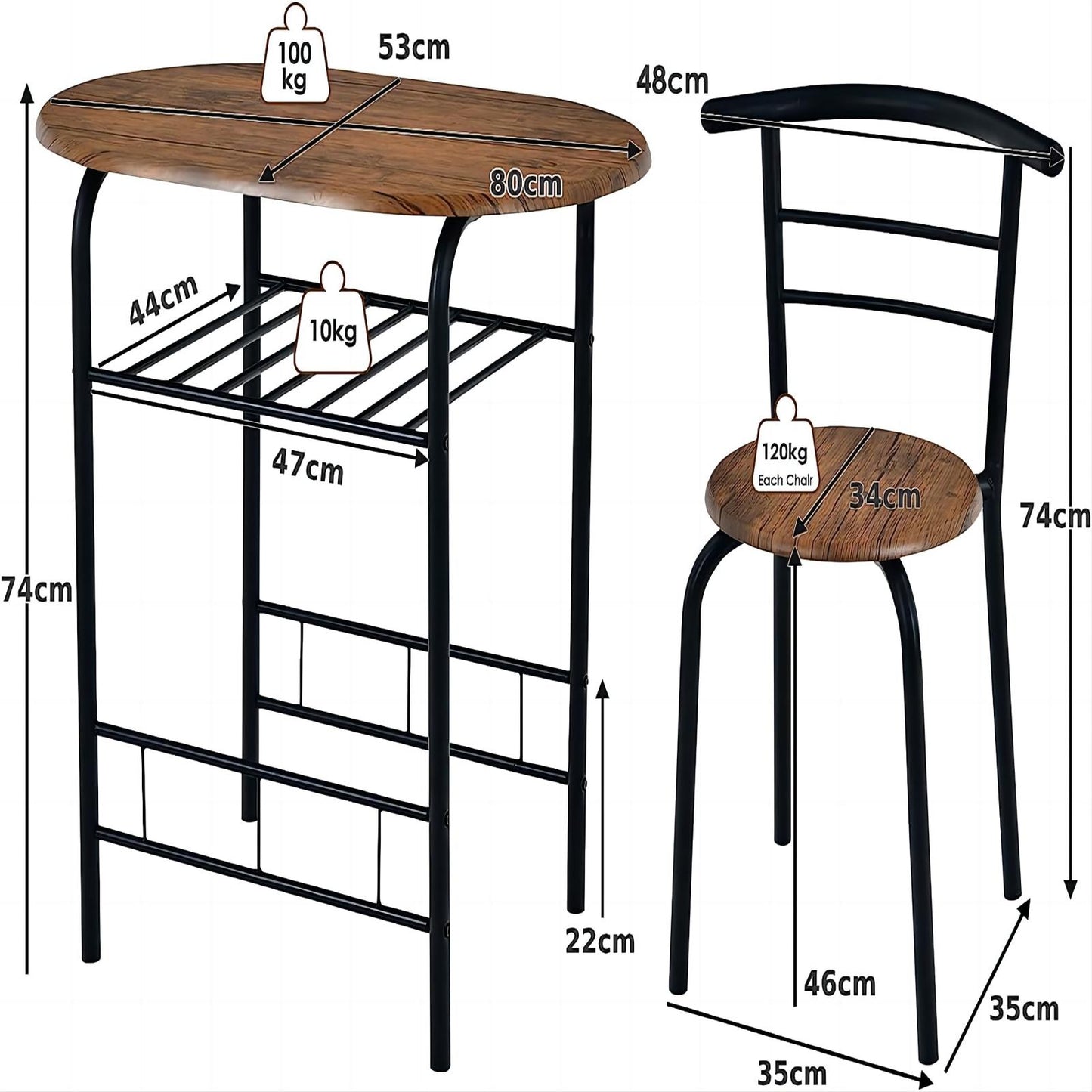 3 Pieces Compact Dining Set with Storage Shelf for Kitchen Bars-Black & Brown