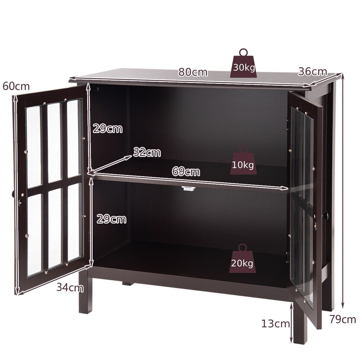 Modern Wooden Storage Cabinet with 2 Tempered Glass Doors-Brown