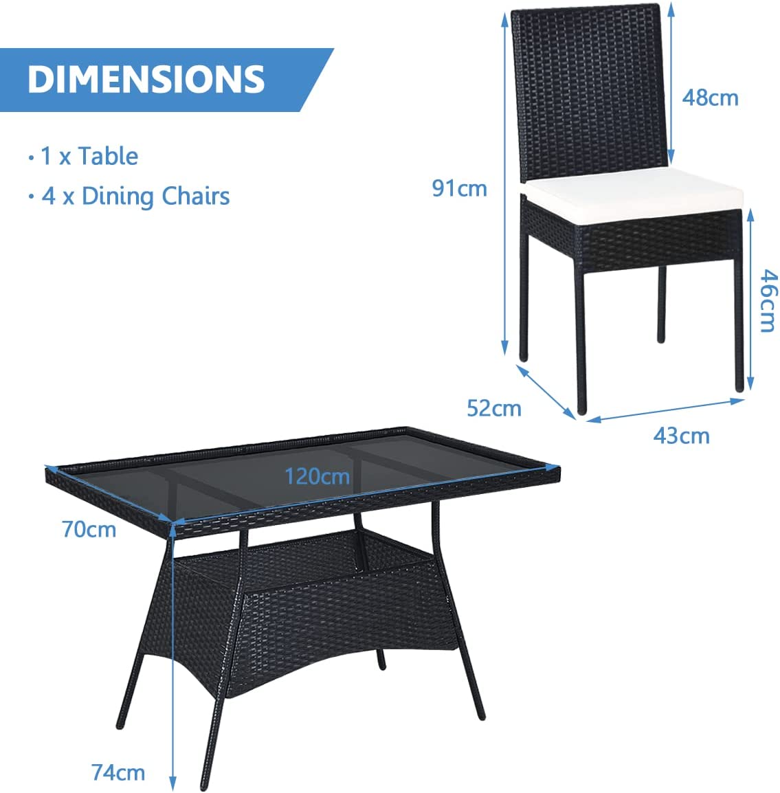 5-Piece Patio Rattan Dining Set with Tempered Glass Top and Removable Cushions
