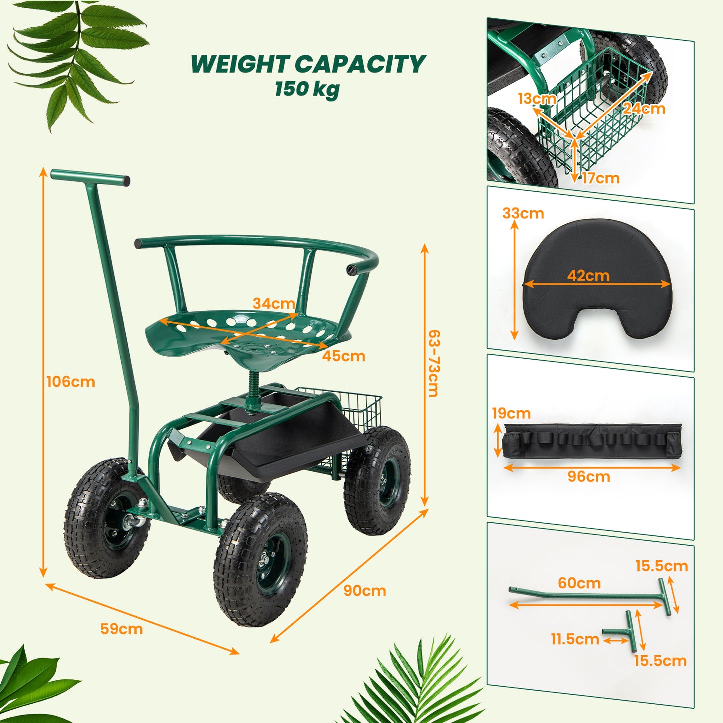 Rolling Height Adjustable 360° Swivel Garden Cart Workseat-Green