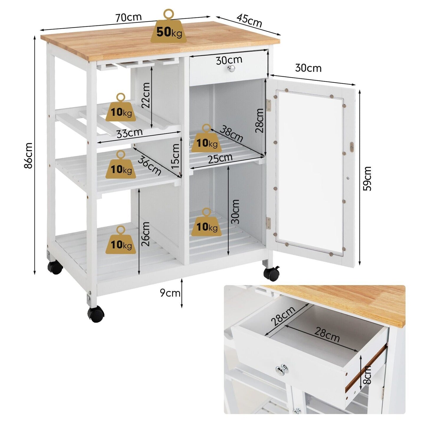 Wooden Rolling Kitchen Island with Wine Rack and Glass Holder-White