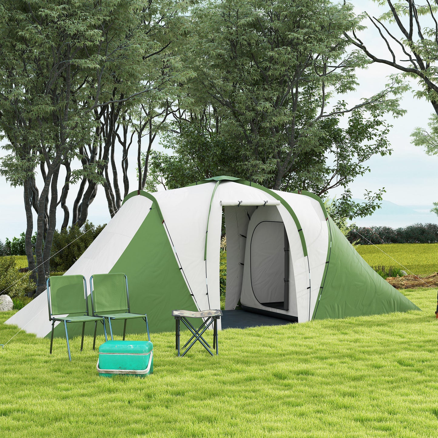 Outsunny Large Camping Tent Tunnel Tent with 2 Bedroom and Living Area, 2000mm Waterproof, Portable with Bag for 4-6 Man, Green