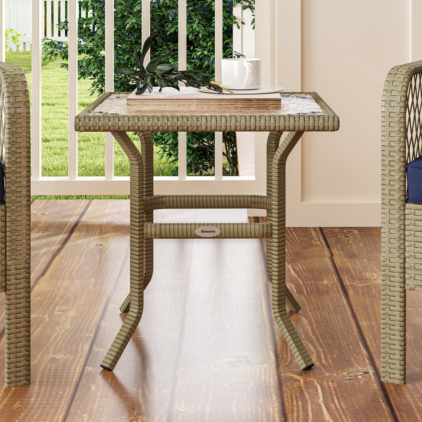 Outsunny 3 Pieces Rattan Bistro Set with Glass Top Coffee Table, Chairs and Cushions for Outdoor, Patio, Balcony, Charcoal Grey