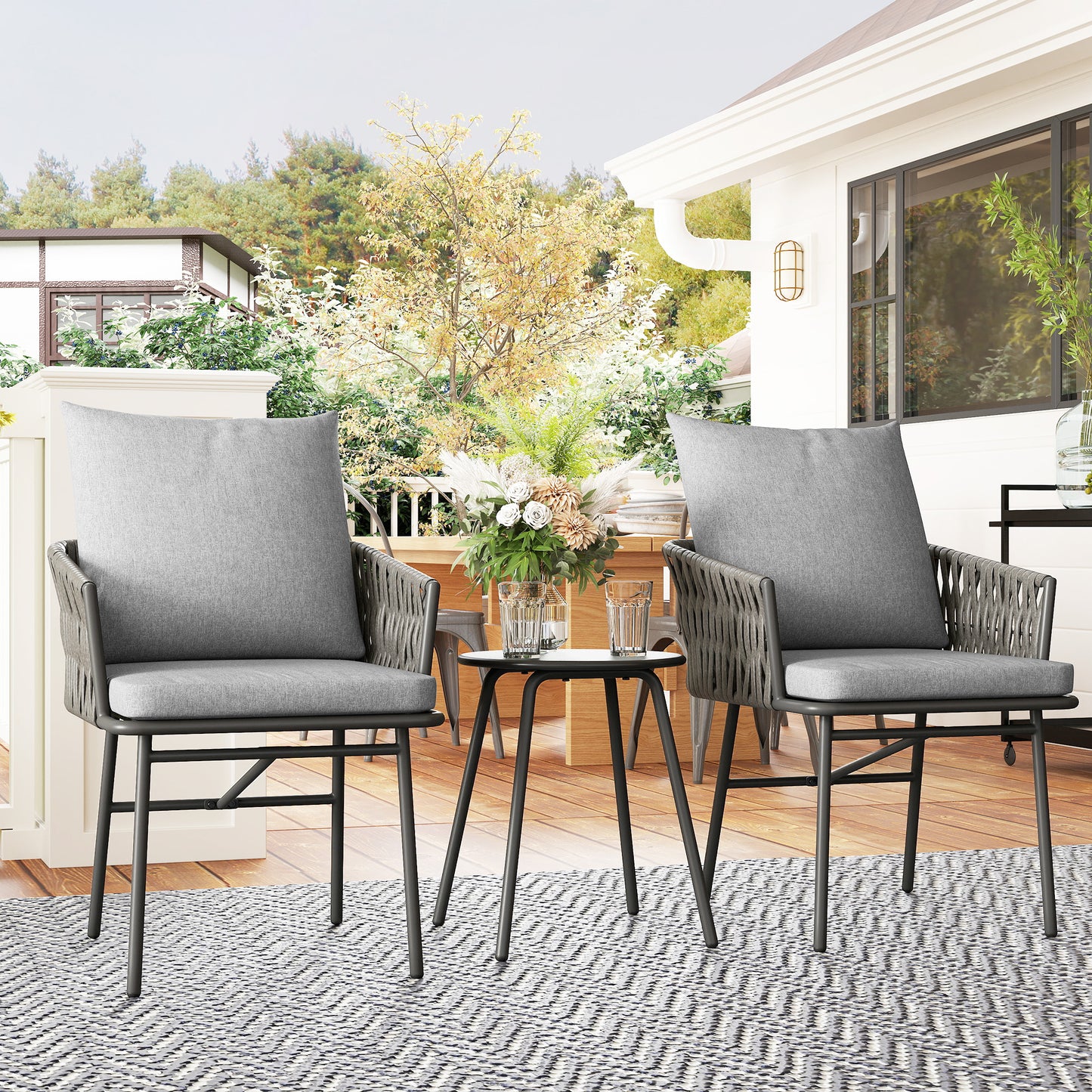 Outsunny 3-Piece Rattan Bistro Set, Garden Table and Chairs with 4 Cushions, Patio Rattan Conversation Furniture Set for Balcony, Porch, Terrace, Grey